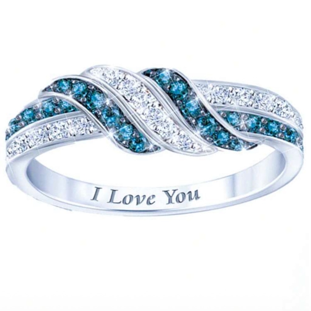 NWT Silver and Blue Twisted Band Ring Platinum Plated Rhinestones Engraved I ❤️